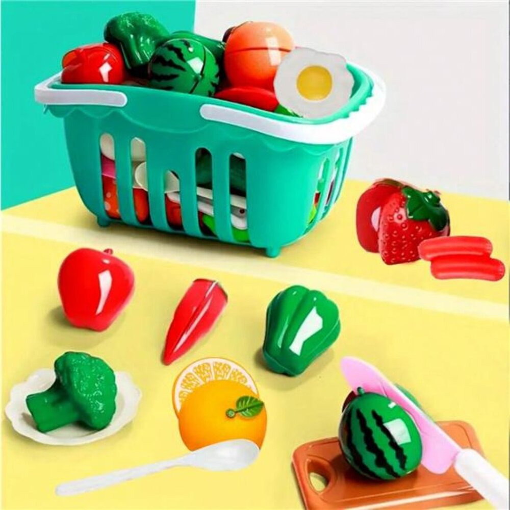 20pcs Children Fruit Cutting Kitchen Playset, Storage Basket, Kids Pretend Play